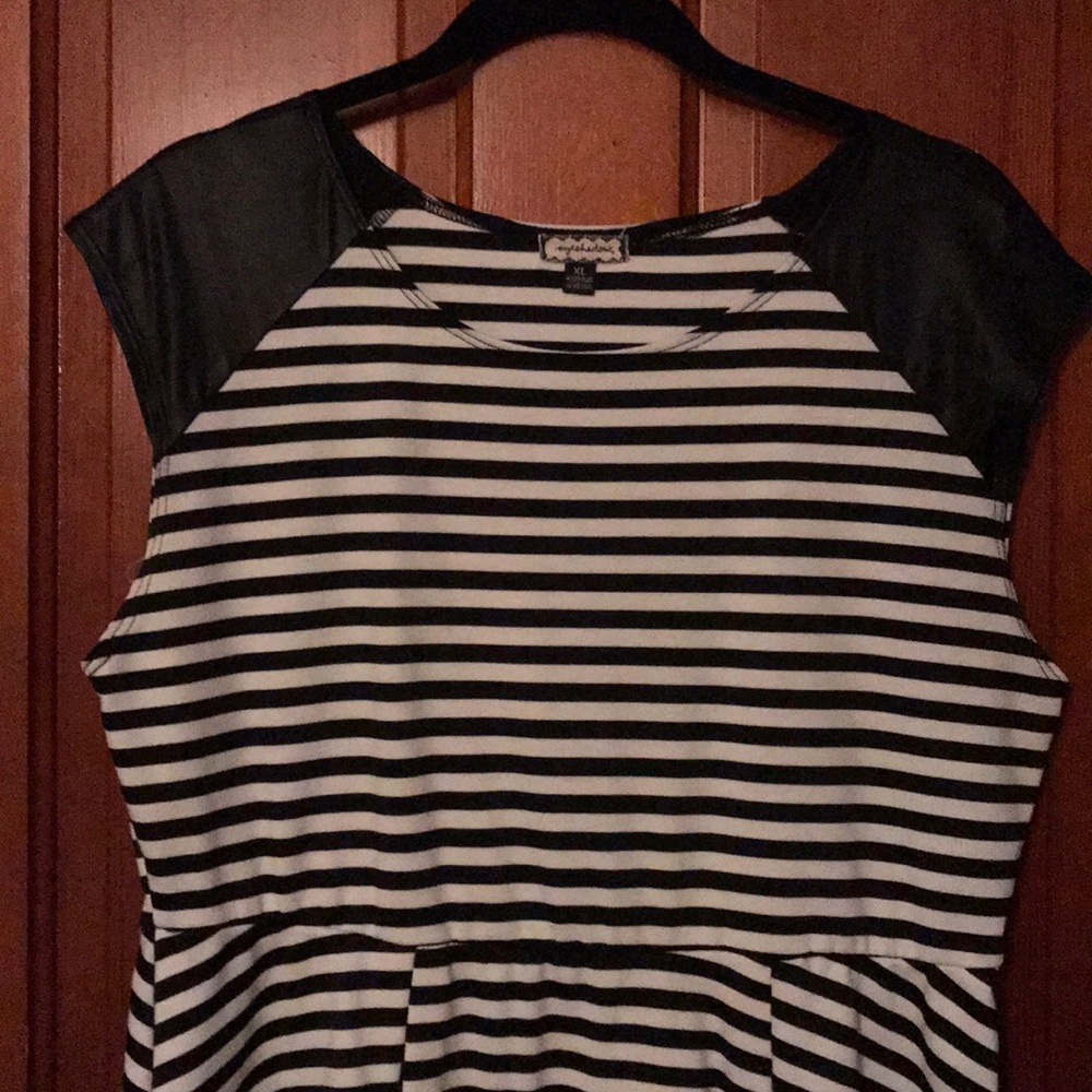 Skater Style Dress with Faux Leather Sleeves.